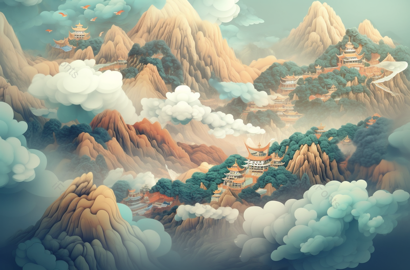 中国古风青绿山水画云雾缭绕的山峰石块绿木古风房屋建筑,插画/手绘图,插画/手绘图库,插画/手绘图下载,插画/手绘